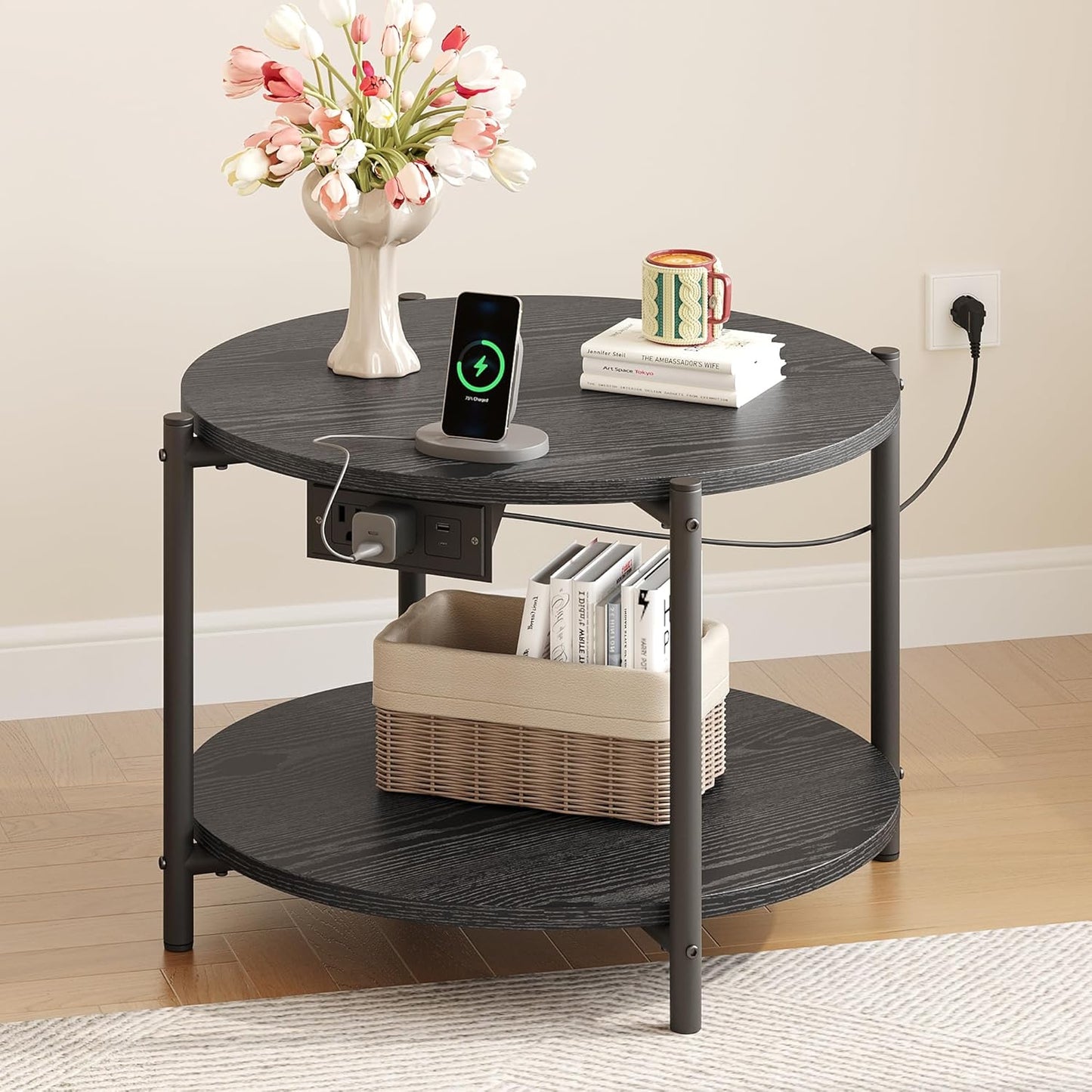 LIKIMIO Side Table, 23.6" W Round End Table with Charging Station, Modern Wooden Nightstand for Small Spaces, Living Room, Bedroom