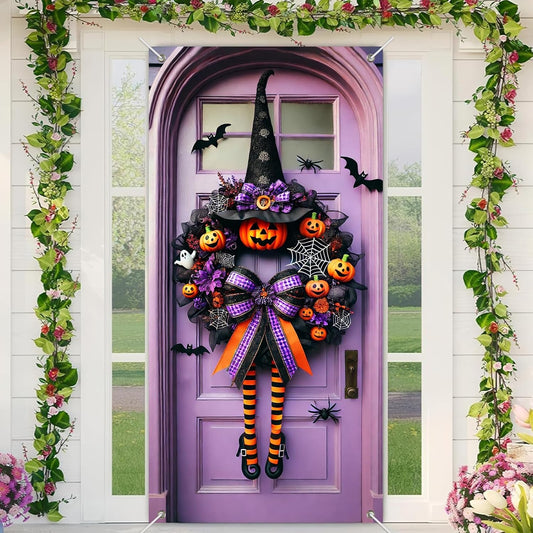 Halloween Witch Wreath Door Cover 71x35 Inch Holiday Front Porch Door Banners Decoration Purple Pumpkin Spider Web Bat Background Hanging Banner for Indoor Outdoor Spooky Party Decor