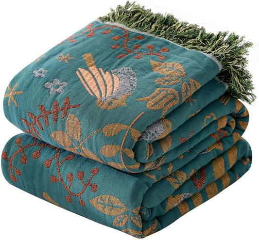Boho Throw Blanket for Couch Sofa Bed, 100% Cotton Woven Quilt with Tassel 90”x98”, Super Soft Muslin Blanket with Bird Printed, Decorative Reversible Bed Blanket/Cover for All Seasons