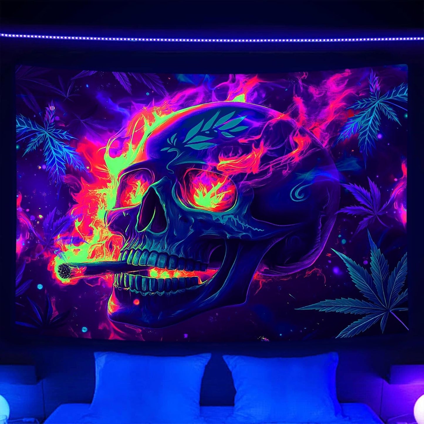 Blacklight Skeleton Tapestry, Glowing Skull UV Reactive Gothic Wall Hanging Tapestries, Glow in the Dark Grim Reaper Magic Horror Face Halloween Poster Tapestry for Bedroom Living Room Decor 40X30IN