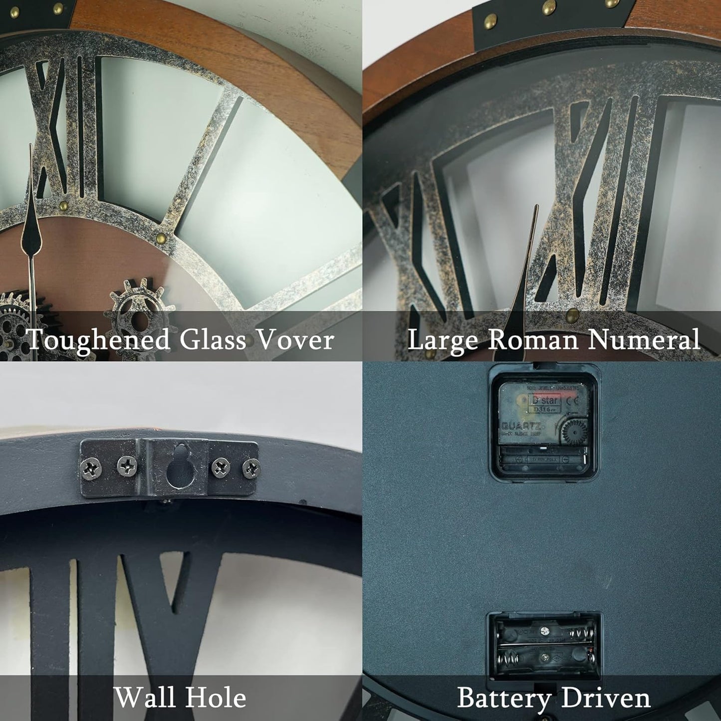 24 Inch Moving Gear Wall Clock, Oversized Wall Clocks, Clock Living Room Decor, Solid Wood Frame, Battery Operated, Large Wall Clock with Steampunk Industrial for Fireplace(Machilus)