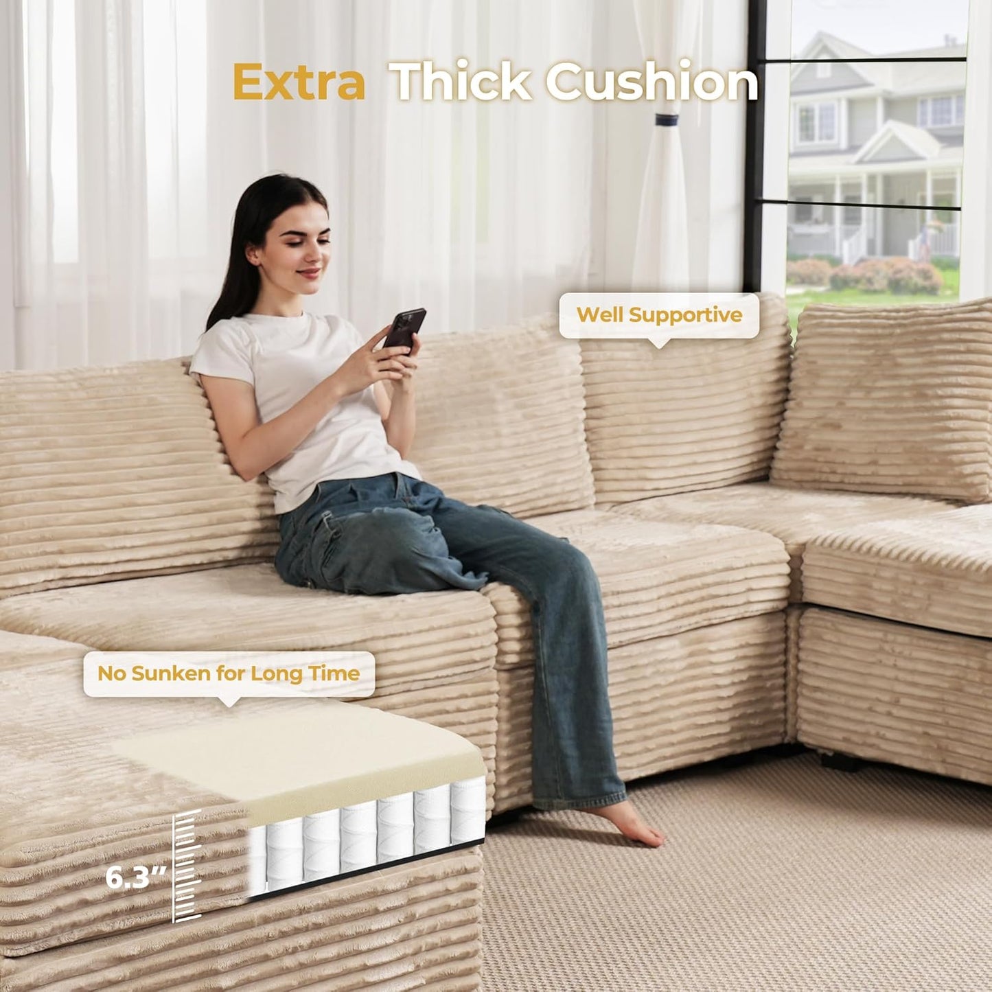 HOOOWOOO Modular Sectional Sofa,6 Pieces Sectional Couches for Living Room,98X98 L Shaped Cloud Couch with Ottoman Chaise Set(Beige Velvet Corduroy)
