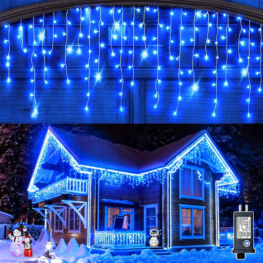 Icicle Christmas Lights Outdoor 99ft 1216 LED Icicle Lights for Outside 8 Modes with 228 Drops, Waterproof Plug in Blue Christmas Light for House Indoor Party Holiday Wedding Halloween Decorations