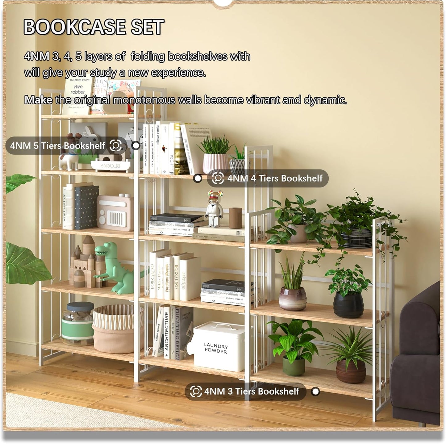 4NM No Assembly 3 Tiers Folding Bookshelf, 35" H Foldable Storage Shelves Vintage Bookcase Standing Racks Study Organizer Home Office - Natural White