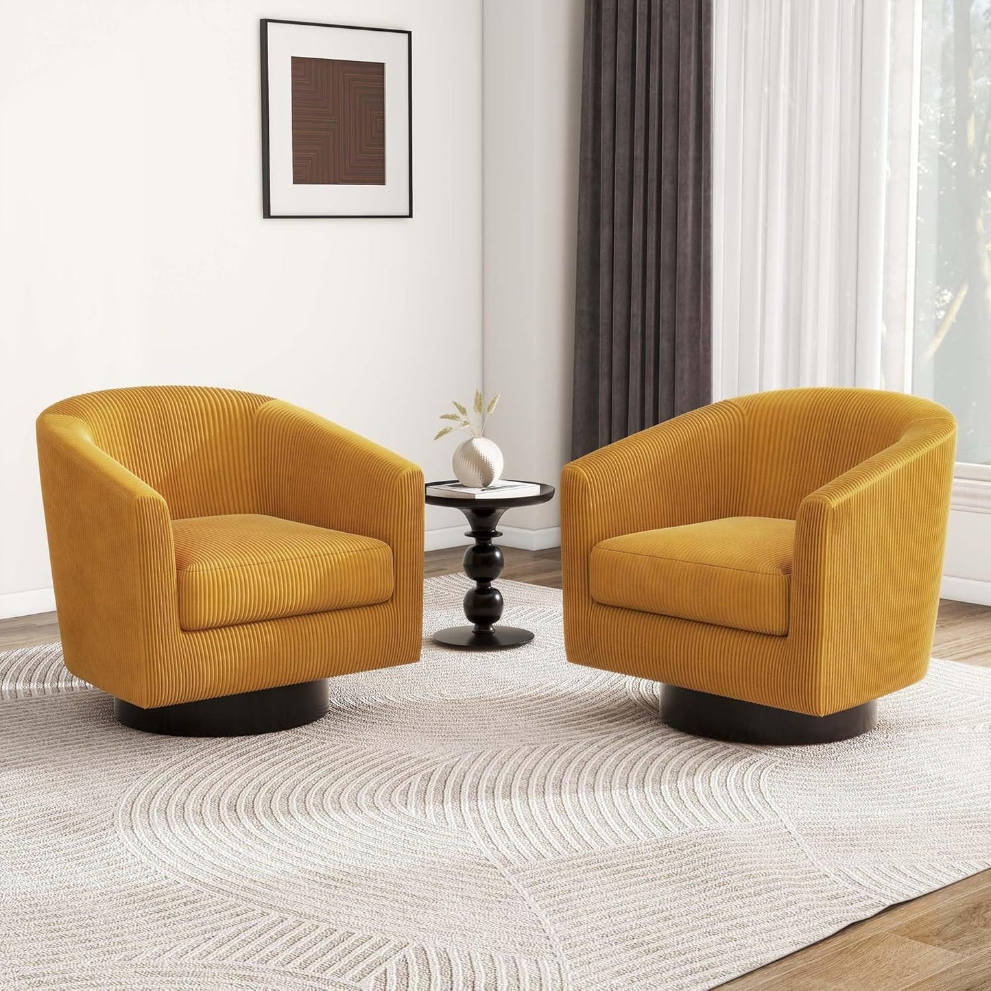 Swivel Barrel Accent Chair, Modern Round Corduroy Fabric Arm Chair for Living Room, Bedroom, Comfy Club Reading Chairs for Adults, Corduroy Orange, Set of 2
