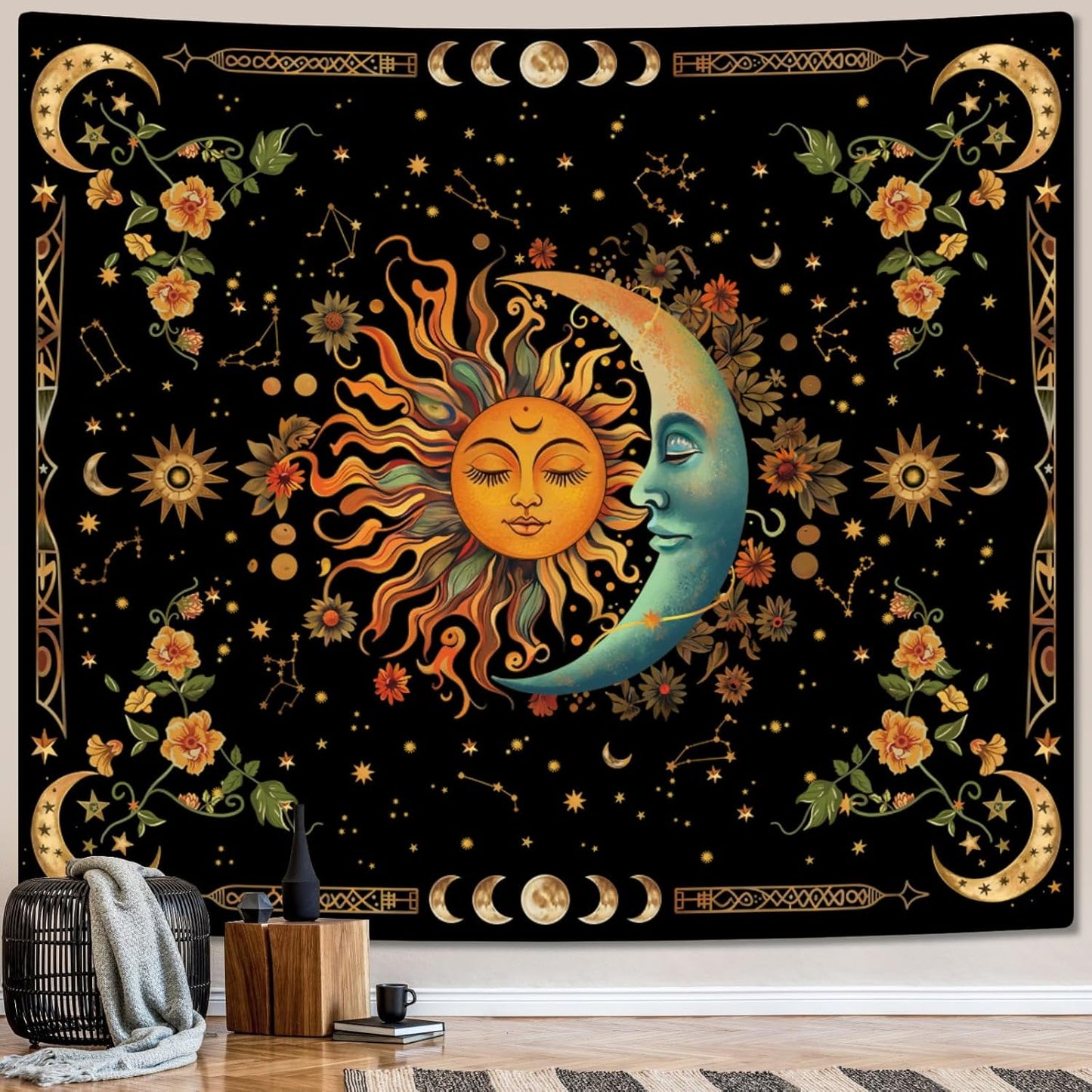 ARTCREATOR Sun and Moon Tapestry Astrology Space Wall Hanging Boho Hippie Floral Plant Tapestries Aesthetic Vintage Mandala Flower Decor for Living Room Bedroom (59" x 78")