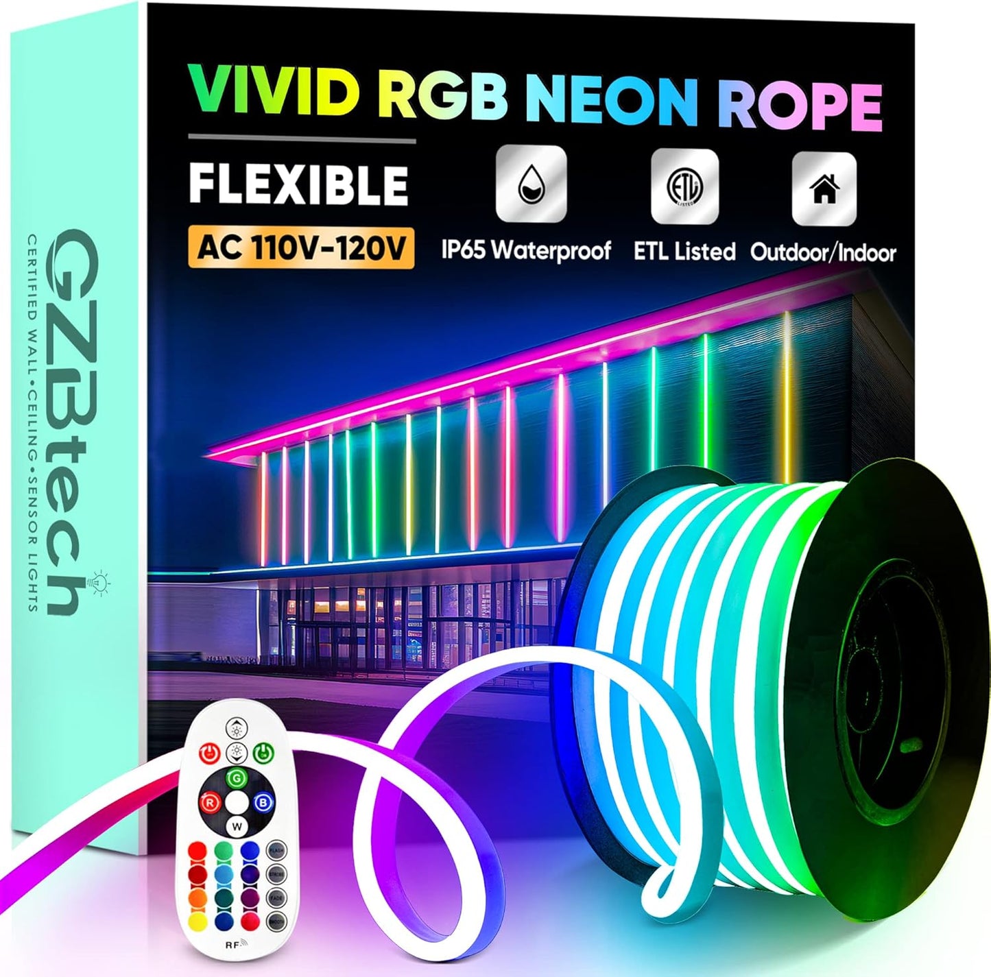 GZBtech RGB LED Neon Rope Lights 33FT/10M, AC 110-120V Waterproof Color Changing LED Rope with Remote Controller, Dimmable Multi Color Neon Rope Lighting for Indoor Outdoor Commercial Use