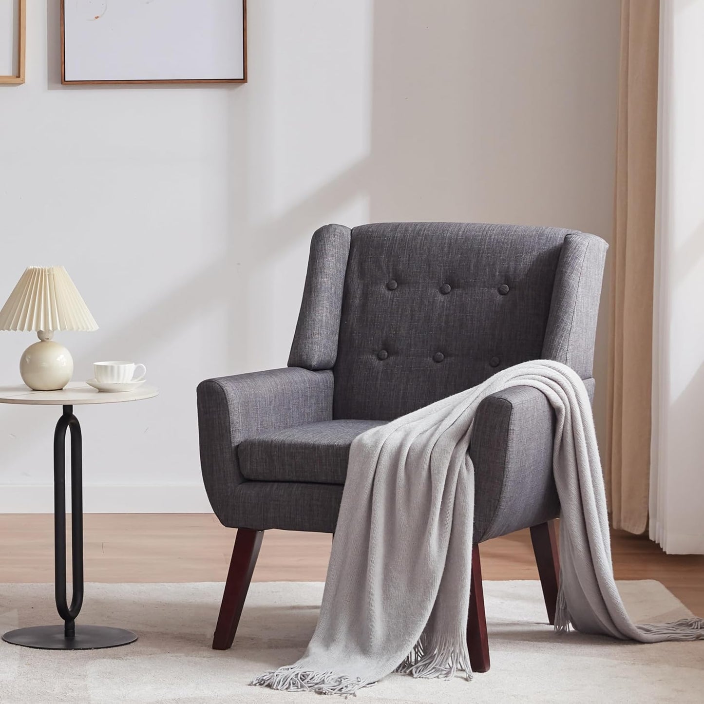 HUIMO Accent Chair Living Room Chair, Upholstered Button Tufted Armchair, Linen Fabric Sofa Chairs for Bedroom, Living Room, Mid Century Modern Comfy Reading Chair (Grey)