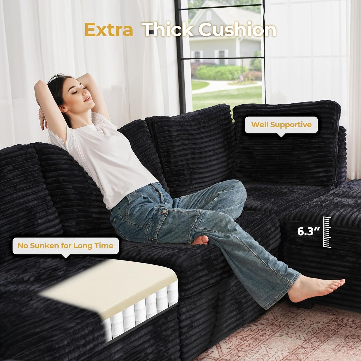 HOOOWOOO Modular Sectional Sofa,7 Pieces Sectional Couches for Living Room,131X66 U Shaped Cloud Couch with Ottoman Chaise Set(Black Velvet Corduroy)