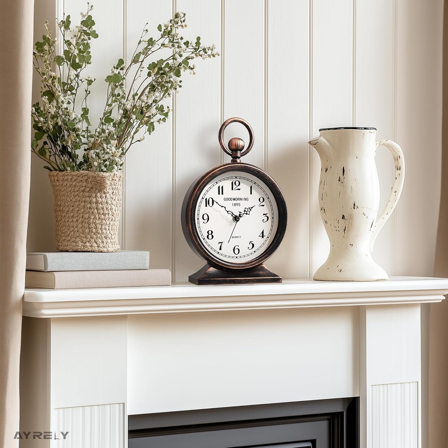 AYRELY® 7-Inch Vintage Mantel Clock with Handle,Antique Metal Desk Clocks Battery Operated,Retro Table Clock for Bedroom Living Room Shelf Farmhouse Fireplace Décor