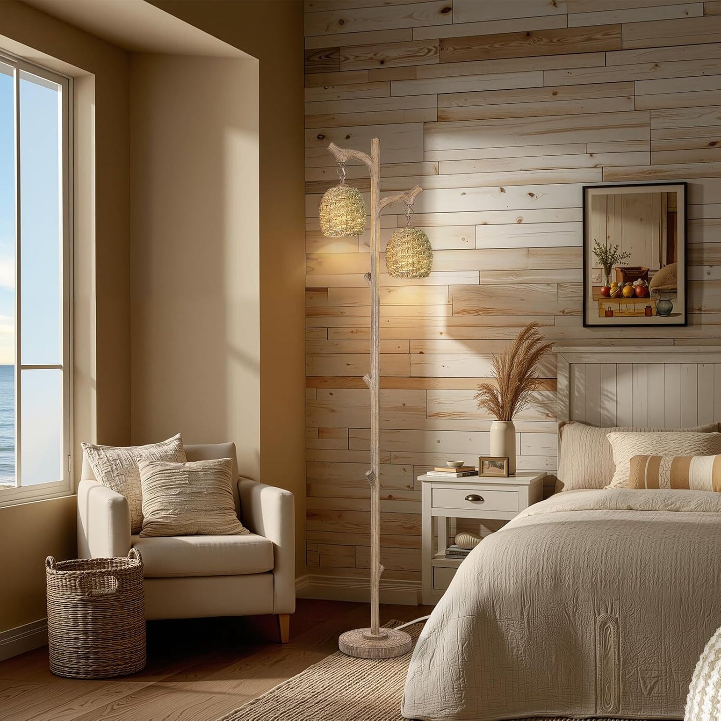 Scenekoy Vintage 68” Tall Floor Lamp with Straw Rope Woven Shade, Retro Resin Standing Lamp Tree Trunk Finish, Dimmable Corner Lamp Stand Up Light with Bulb Prefer for Living Room Bedroom Home Decor