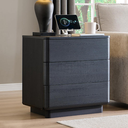 JXQTLINGMU 22" Modern Nightstand with Charging Station, Large Push-to-Open End Table, Wood Bedside Table w/Curved Profile Design, Handleless 3 Drawer Night Stand for Bedroom, Living Room, Black