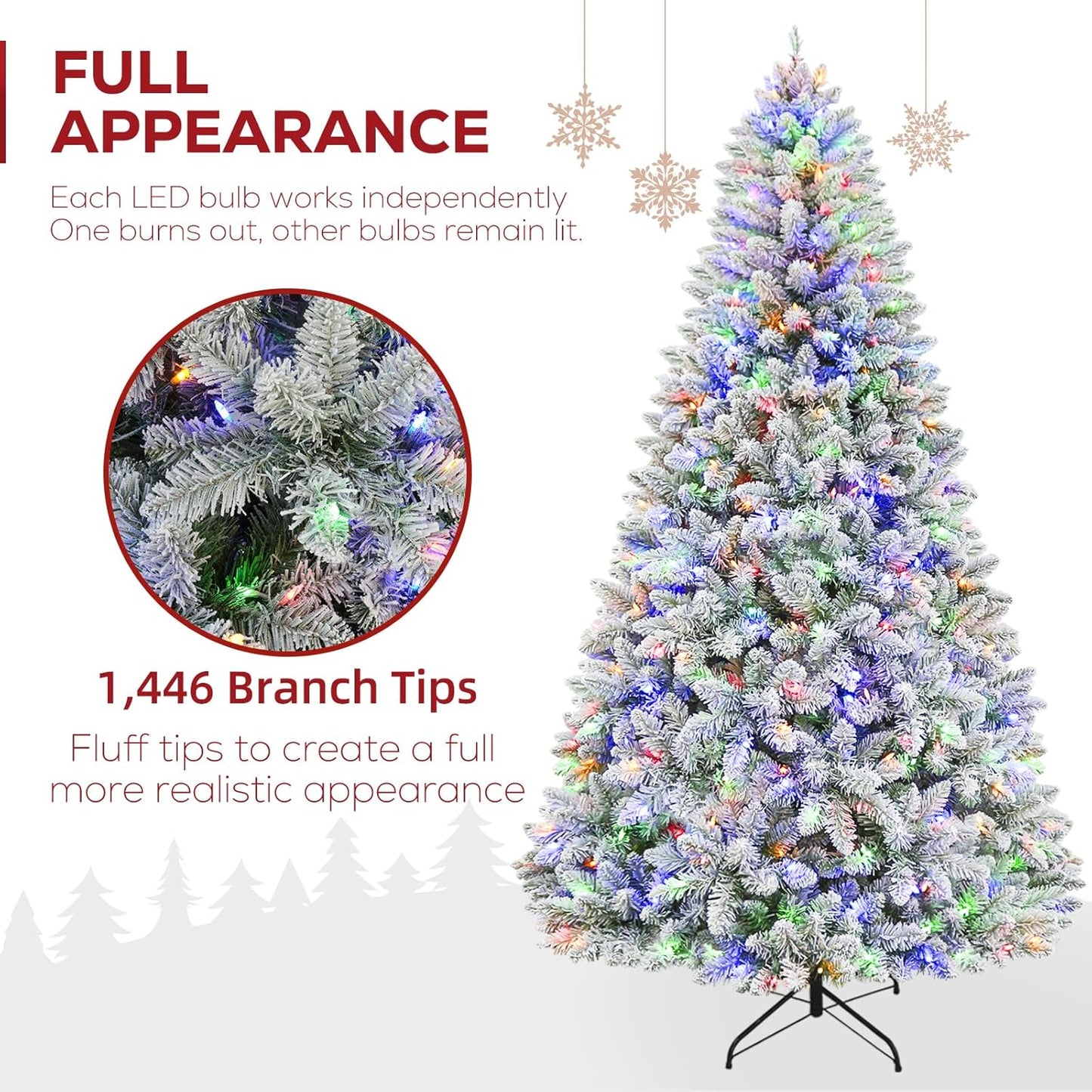 Hykolity 7.5 ft Prelit Snow Flocked Christmas Tree, Artificial Christmas Tree with 450 Color Changing LED Lights, 1446 Branch Tips, Metal Stand and Hinged Branches, 10 Colors