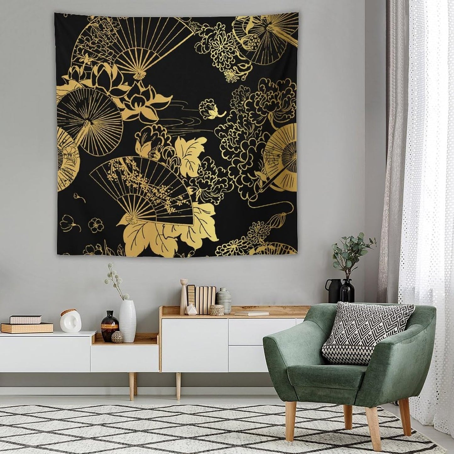 HZOHNAGO Japanese Tapestry Gold Flowers Umbrella Fan Pattern Printed Wall Tapestry Painting Wall Hanging for Bedroom Living Room Dorm 60" W x 60" H