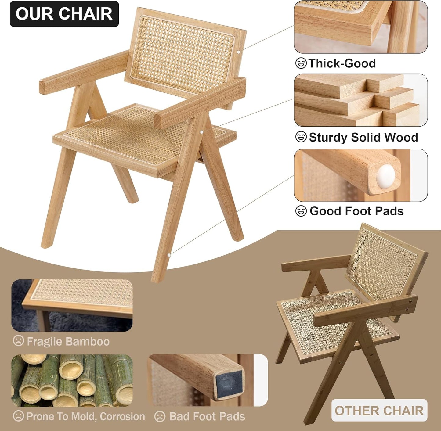 Rattan Dining Chairs Set of 4, Wooden Armchair Cane Kitchen Chairs with Arms, Light Walnut Color