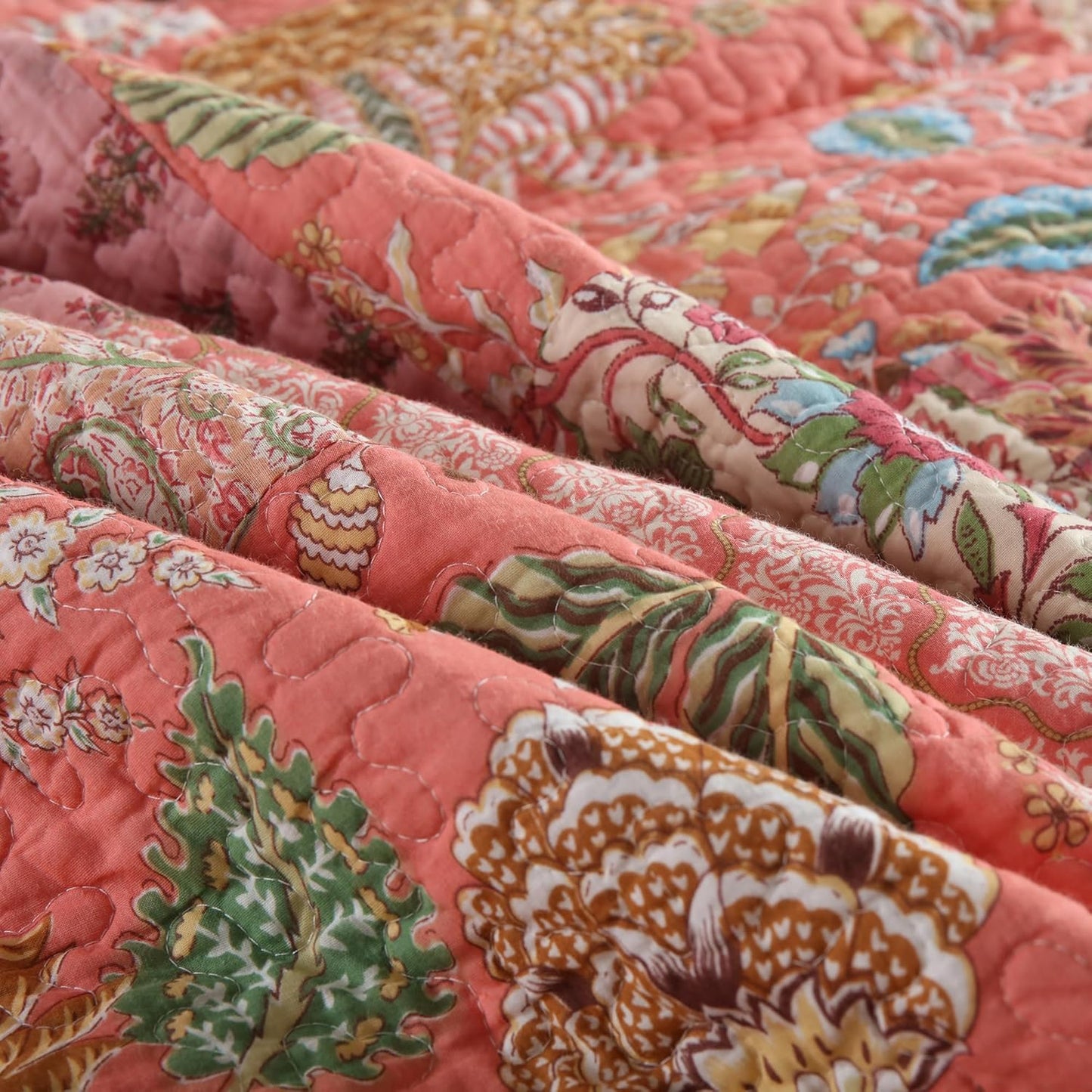 NEWLAKE Cotton Patchwork Bedspread, 3-Piece Bedding Quilt Set with Real Stitched Embroidery, Reversible Matelasse Bed Coverlet Set,Bohemian Floral, Queen Size