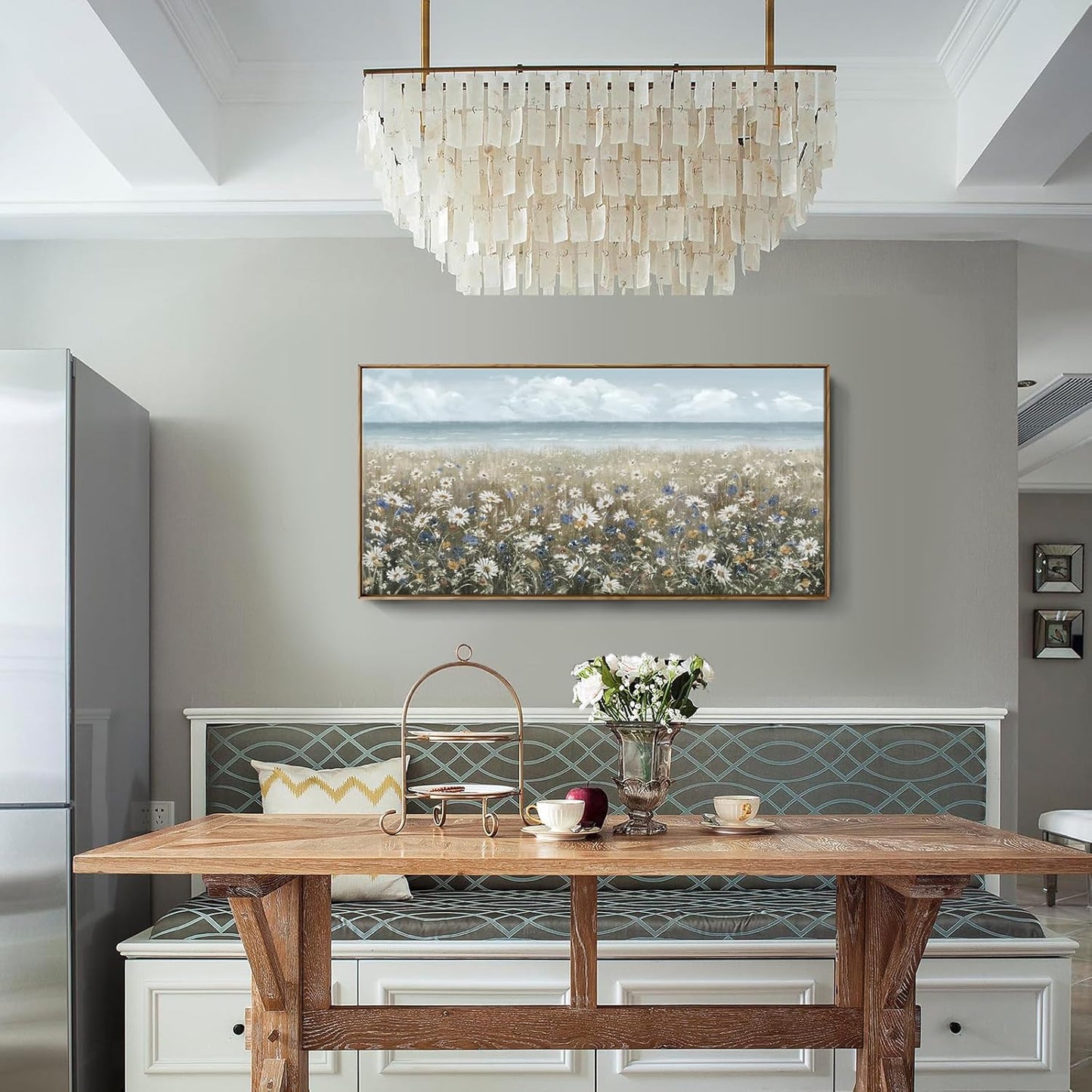 amatop Large Wall Art for Living Room Framed Boho Beach Coastal Floral Ocean Wall Picture Farmhouse Daisy Flower Sea Canvas Print Nautical Neutral Vintage Warm Artwork Home Bedroom Office Decor 48x24