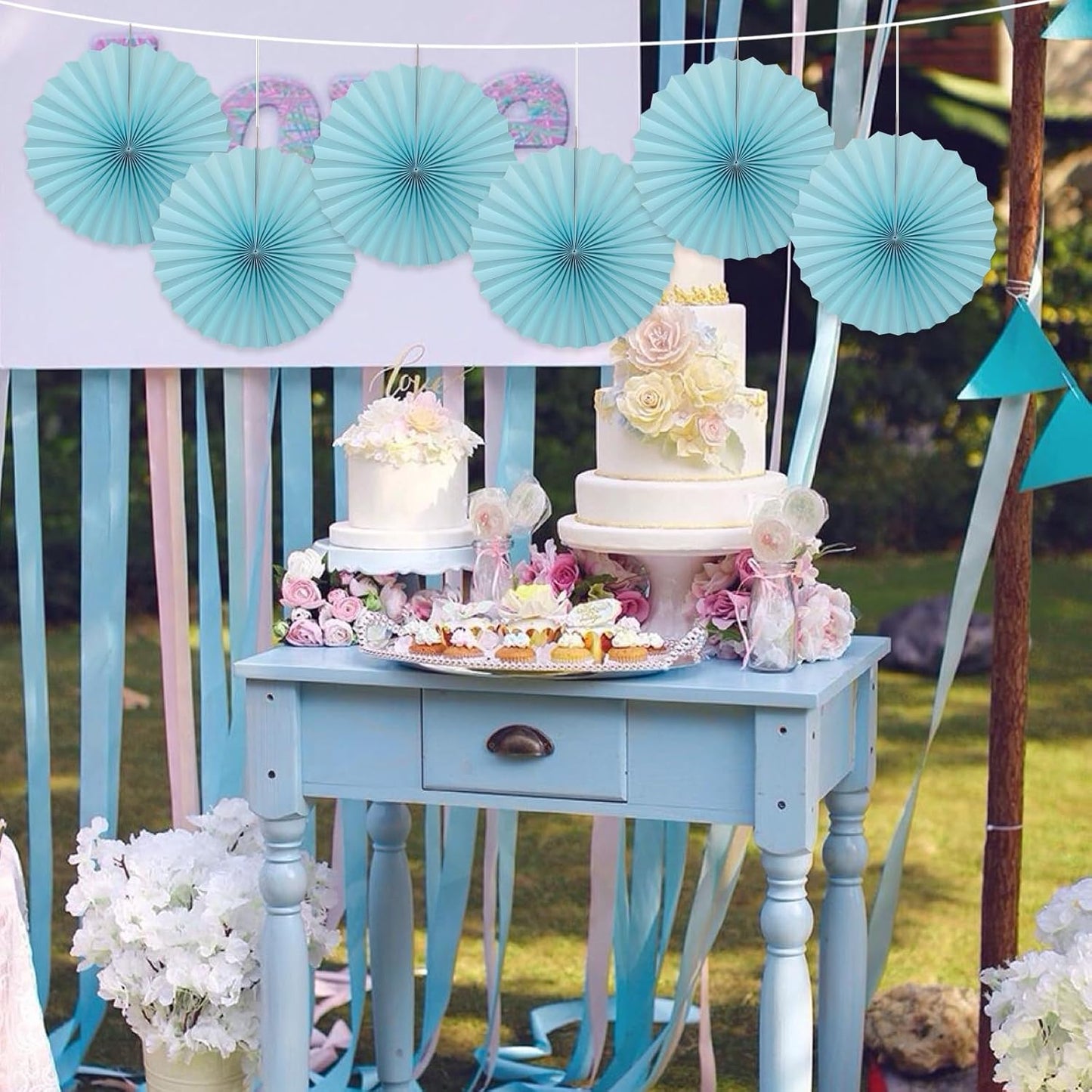 Blue Graduation Party Decor,Baby Blue Party Decorations,Christmas Baby Shower Decorations,Under The Sea Decorations,Blue Bachelorette Party 16in Hanging Paper Fans 30 Color DIY Set (Light Blue)