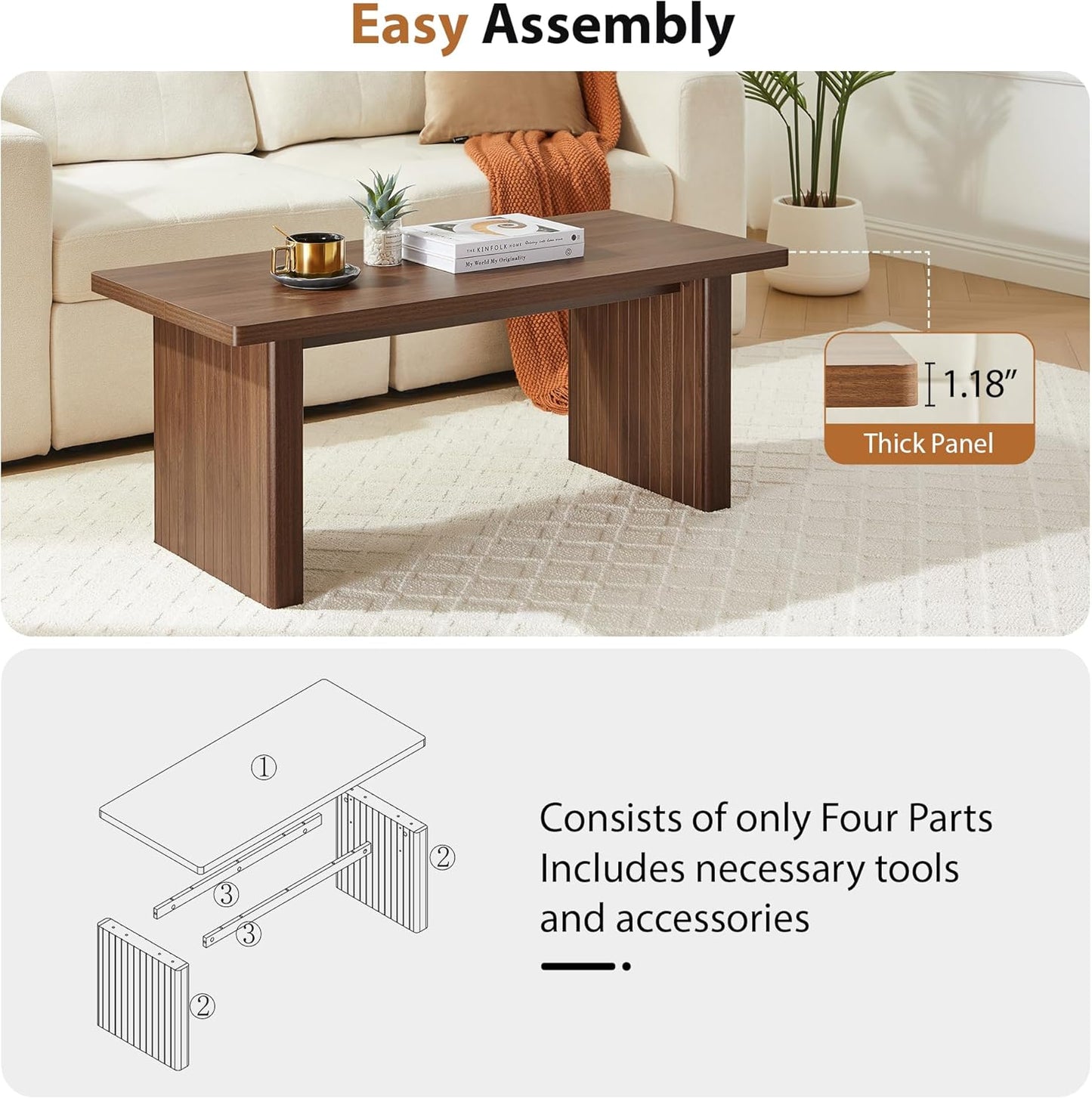 Rectangular Fluted Coffee Table, Farmhouse Wood Coffee Table Mid Century Modern Center Table Boho Living Room Tables for Living Room Office (Walnut, 19.69" D x 43.3" W x 17.72" H)