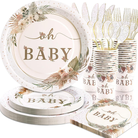 140 Pcs Boho Baby Shower Decorations for Girl, Baby Shower Plates and Cups and Napkins Sets, Oh Baby Plates for Western Sweet Baby Girl, Summer Fall Neutral, Serves 20
