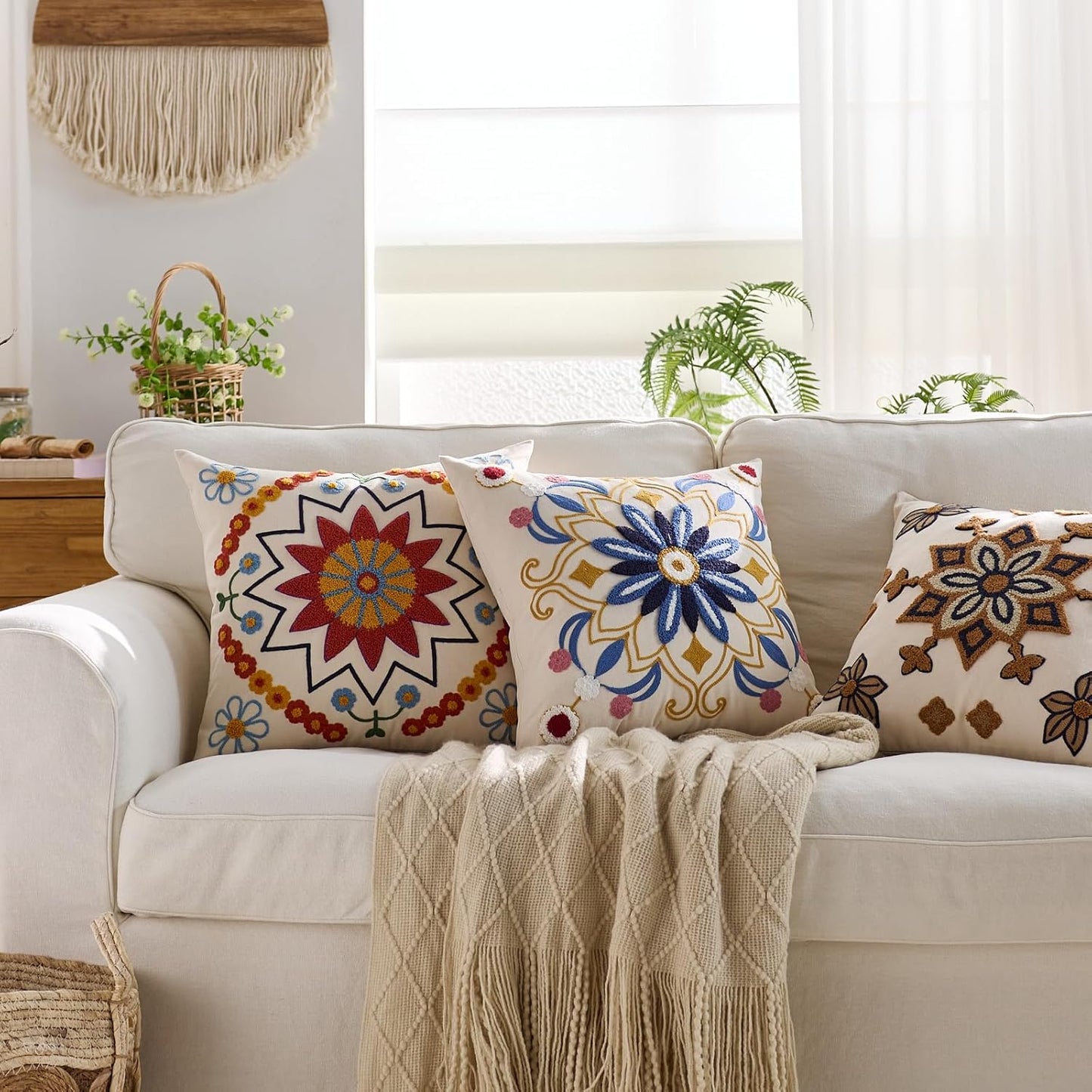 Embroidered Throw Pillow Cover 20x20 Classic Fall Boho Floral Pattern Pillows Cover Outdoor Decorative Pillowcase,Durable Cozy Textured Cushion Case for Sofa Couch Bed Living Room,Orange