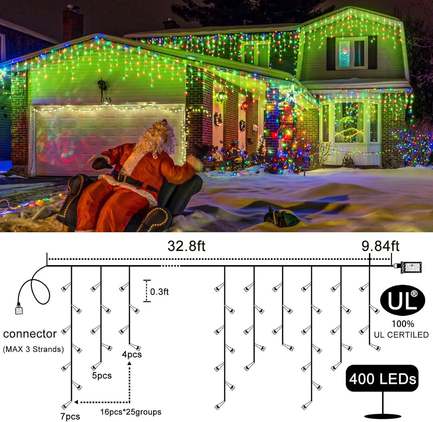 Icicle Lights for Outside, 33ft 400 LED Red and Green Christmas Lights 8 Modes with 75 Drops, Waterproof Christmas Icicle Light Outdoor Plug in for Indoor Party Holiday Halloween Decorations