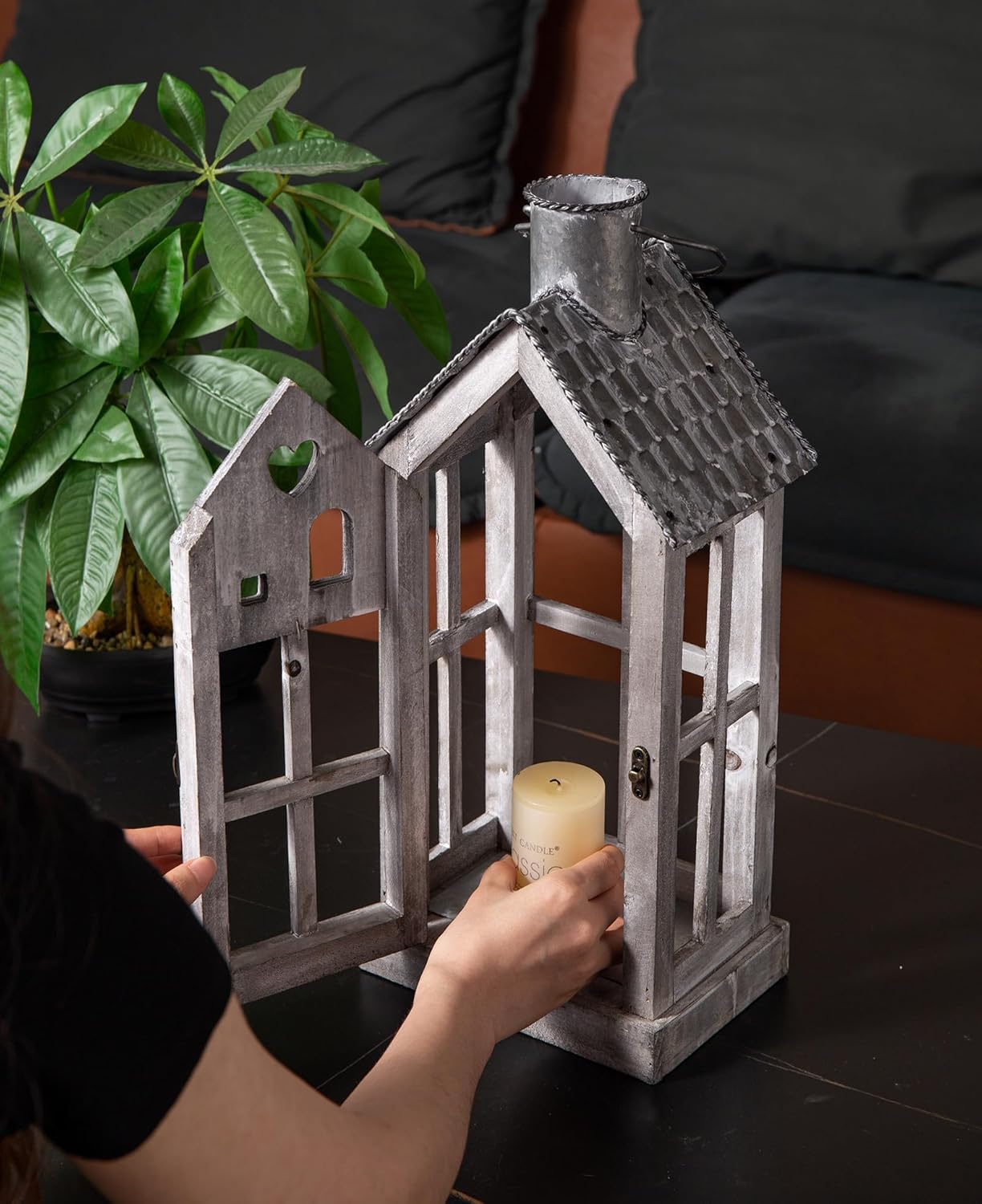 Large Farmhouse Wooden Metal Candle Lantern Set of 2, Rustic Decorative Floor Lanterns, Indoor/Outdoor Village Houses Lantern for Home Decor (No Glass)