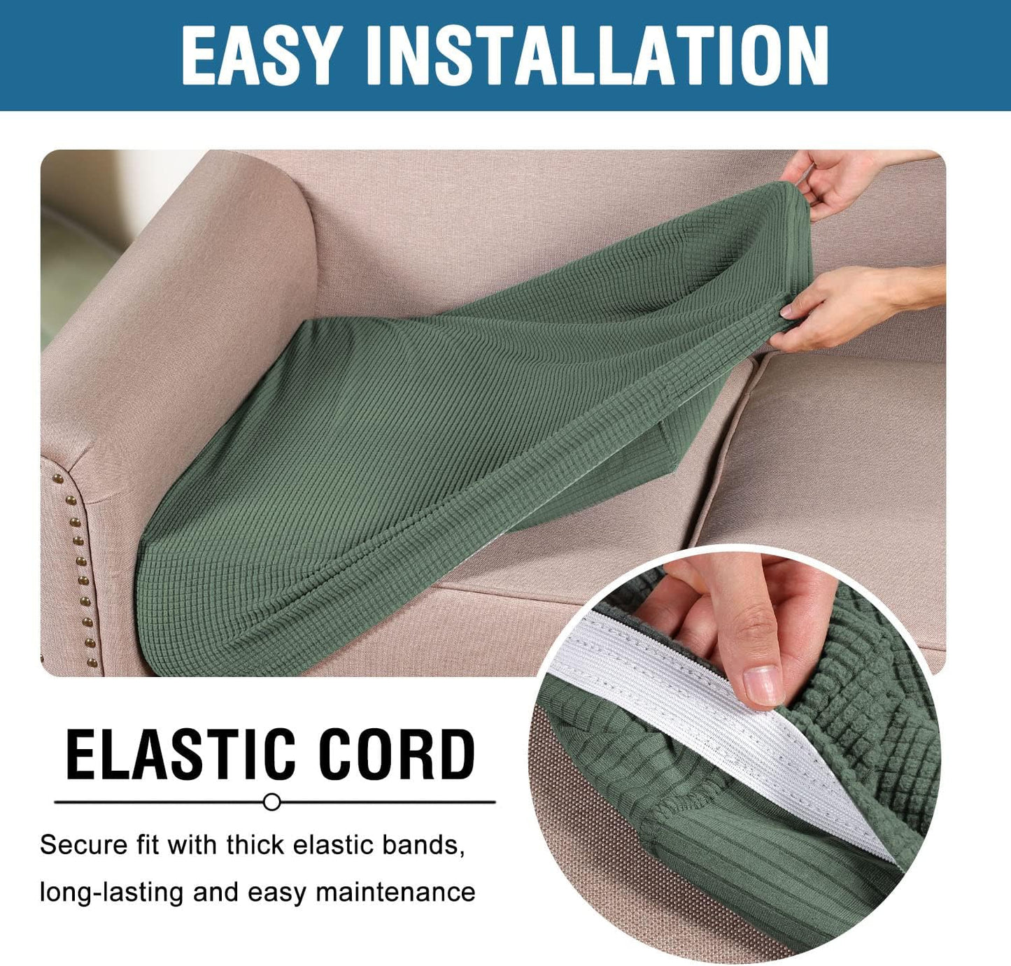 H.VERSAILTEX Super Stretch Individual Seat Cushion Covers - Sofa & Couch Cushion Slipcover Sets - Thick Jacquard Textured Twill Fabric (3 Piece XL Sofa Cushion Covers, Loden Frost)