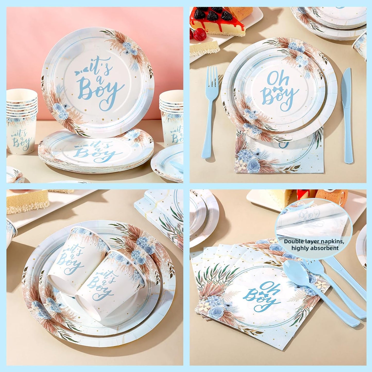 168 Pcs Baby Boy Shower Decorations, Its A Boy Baby Shower Decorations, Blue Baby Shower Plates and Cups and Napkins Sets Serves 24, Boho Fall Oh Baby