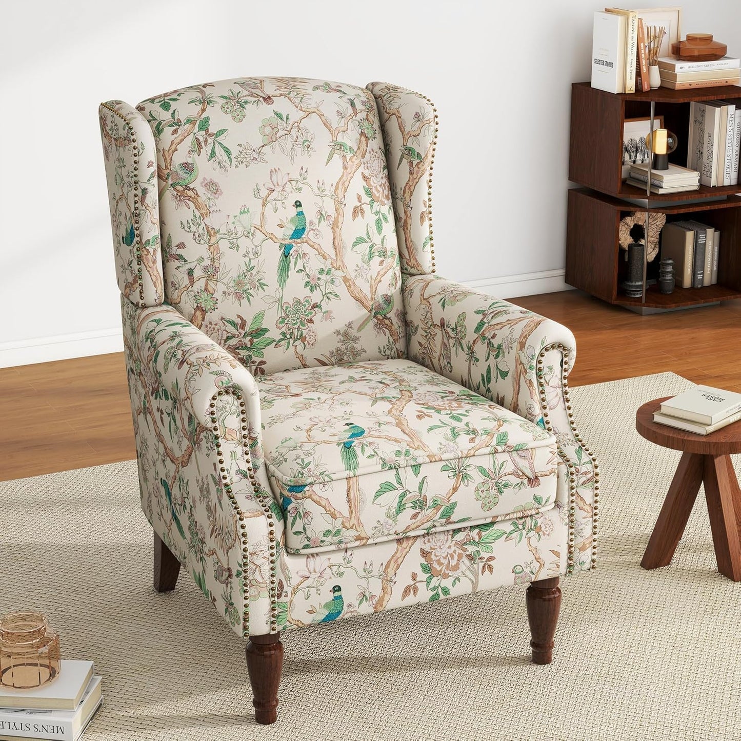 UIXE High Back Floral Accent Chair, Fabric Upholstered Armchair for Living Room, Retro Wingback Arm Chair with Solid Wood Legs, Nailhead Trim Single Sofa Bedroom Reading Seat - Bird Pattern