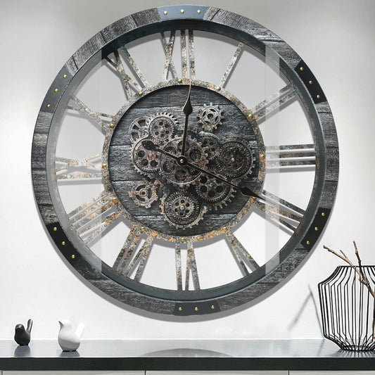 DORBOKER 36" Extra Large Wall Clock with Moving Gears, Oversized Giant Industrial Steampunk Rustic Clocks for Wall Decor Living Room Home Office, Solid Wood Retro Metal,Carbon Grey