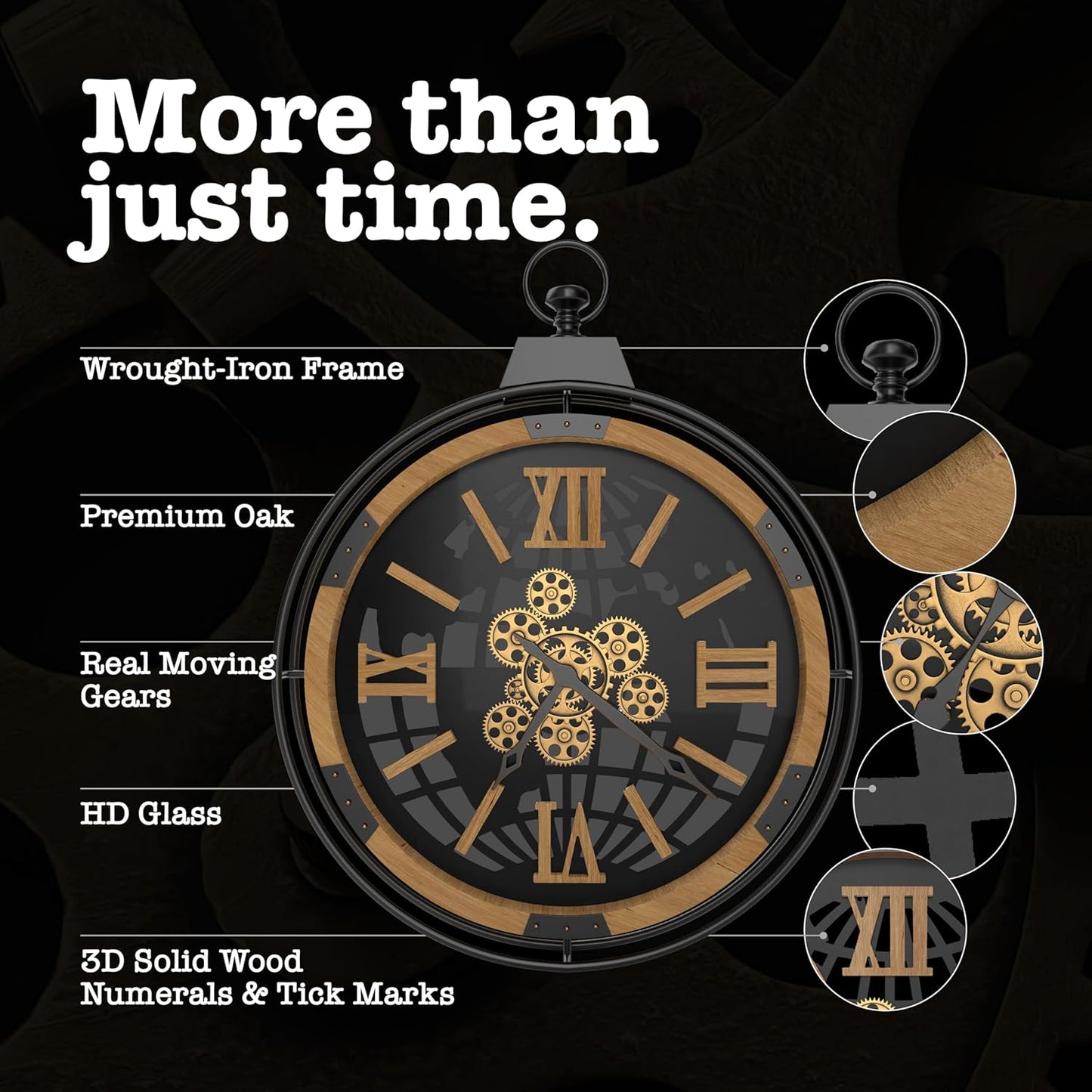 Driini 30 Inch Large Rustic Farmhouse Gear Clock with Moving Gears – Vintage Oversized Wall Clock with Iron Frame – Giant Industrial Steampunk Wall Clock for Living Room Décor (Oak)