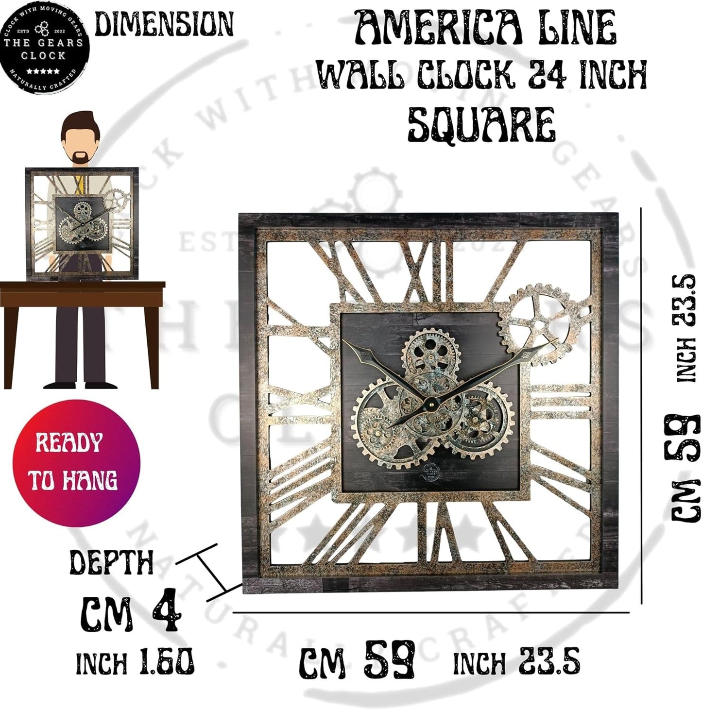 The Gears Clock 24'' Inch Square Real Moving Gear Wall Clock Vintage Industrial Oversized Rustic Farmhouse (Carbon Grey)