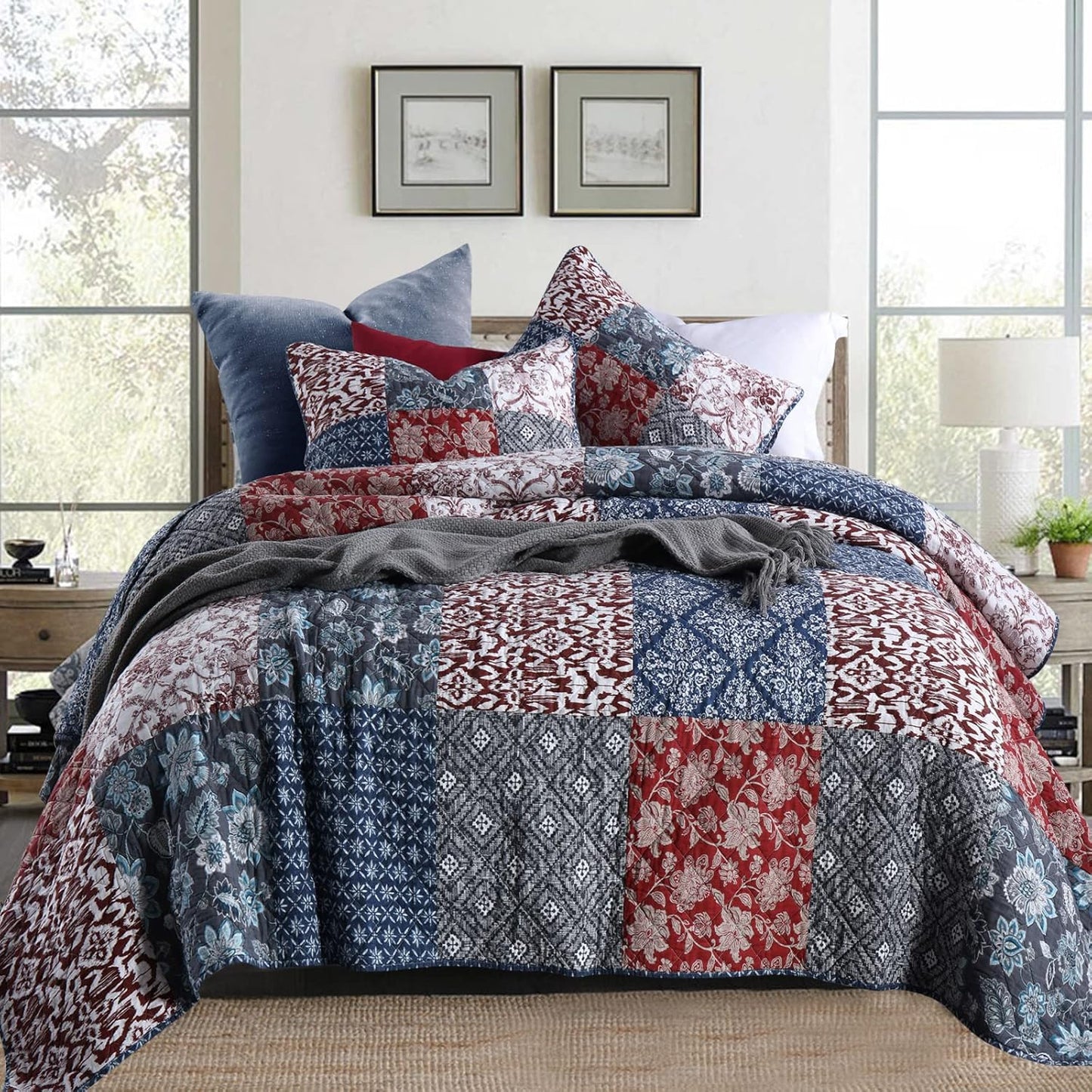 Yvooxny Quilts Queen Size 3-Piece Quilt Set Real Patchwork Bedspread Coverlet Set Quilted Bedding Set with Pillowcases for All Seasons, Farmhouse Bohemian Style