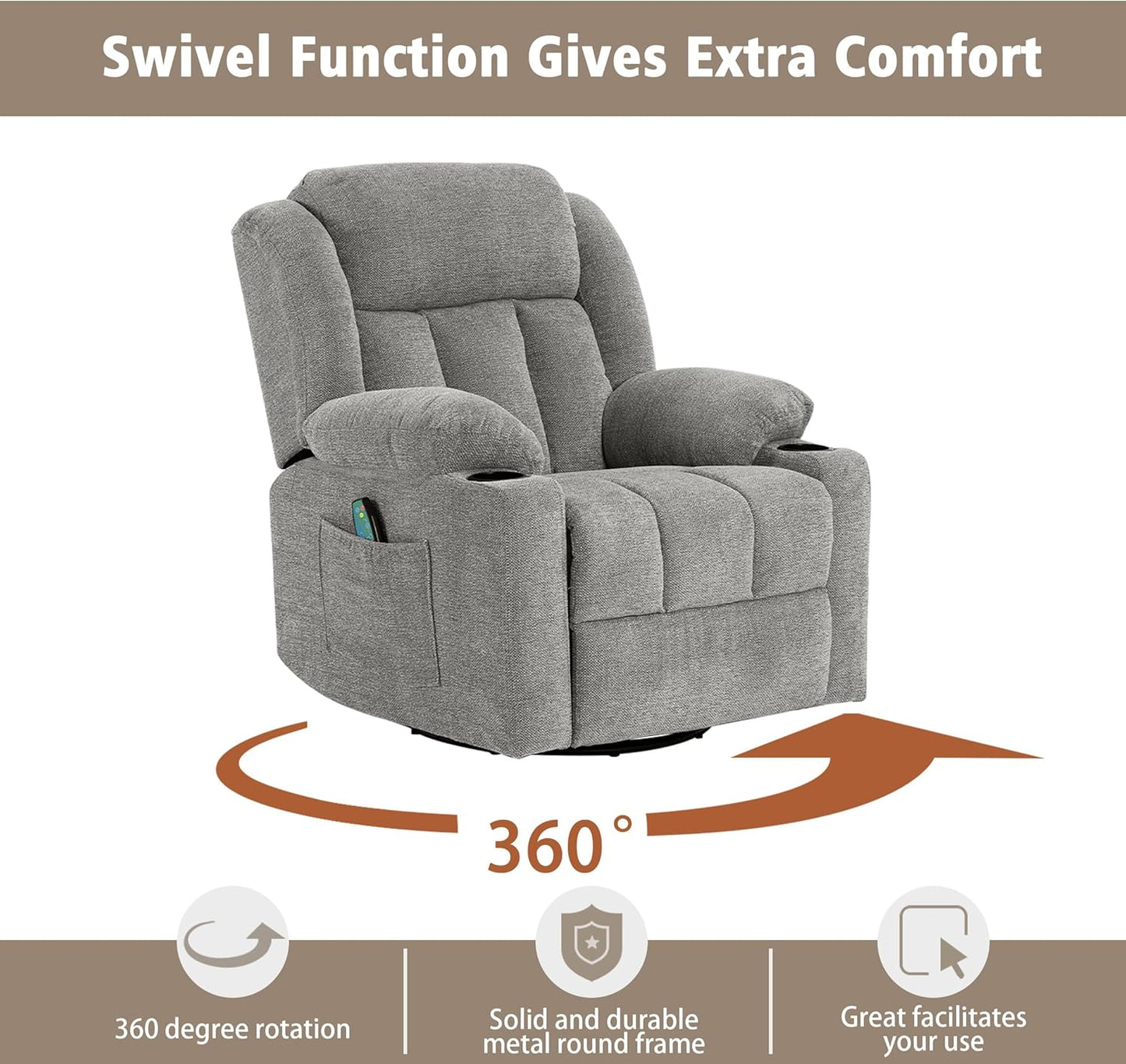 Rocker Swivel Recliner Chair for Adults, Overstuffed Large Manual Recliner Glider with Massage and Heat, Comfy Soft Fabric Living Room Reclining Sofa Chair(Lime Gray)