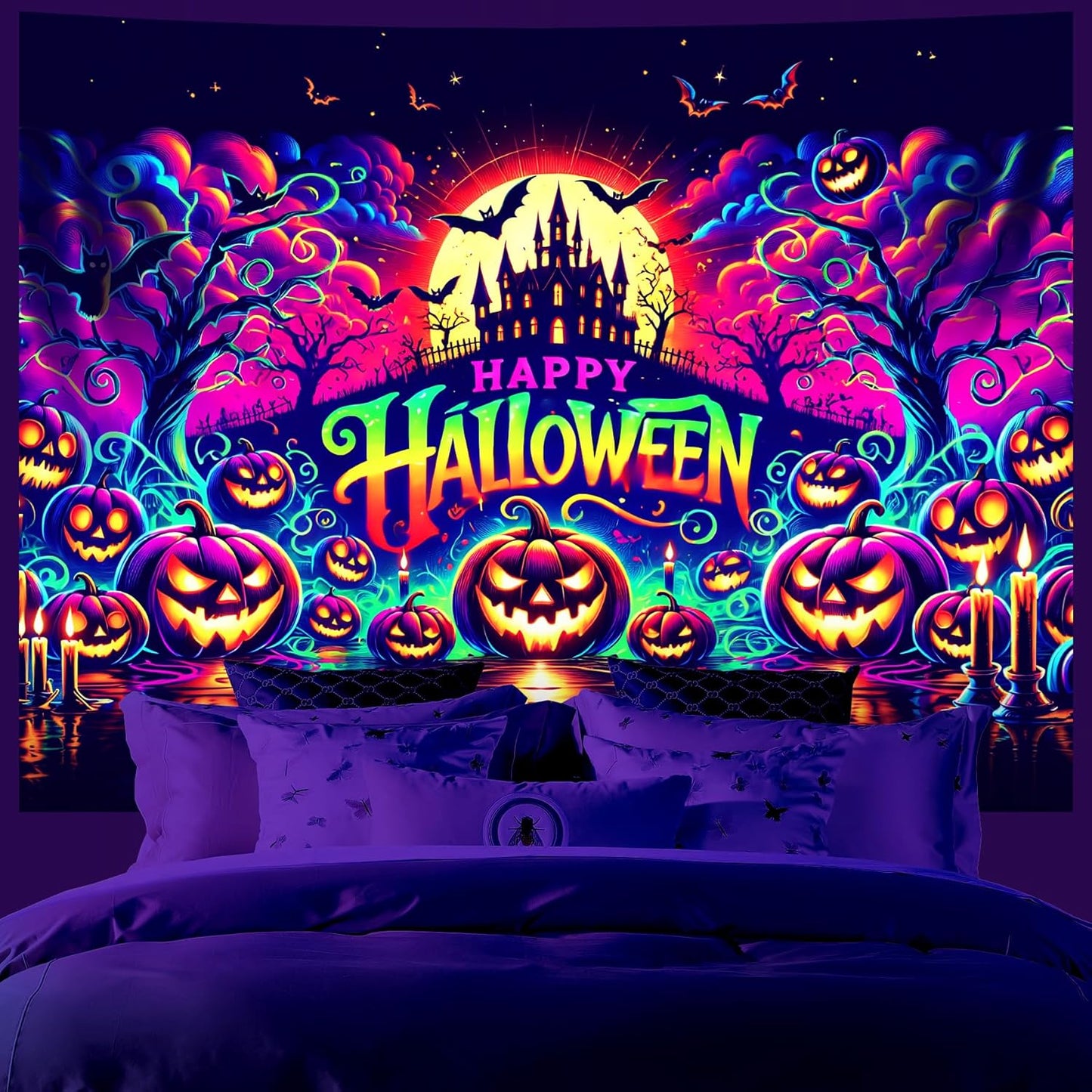 AOHMPT Glow-in-the-Dark Halloween Tapestry - UV Reactive Black Light Wall Hanging Decor for Spooky Parties, Bedroom, Living Room (Pumpkin-Castle, 79L x 59W, Unframed)