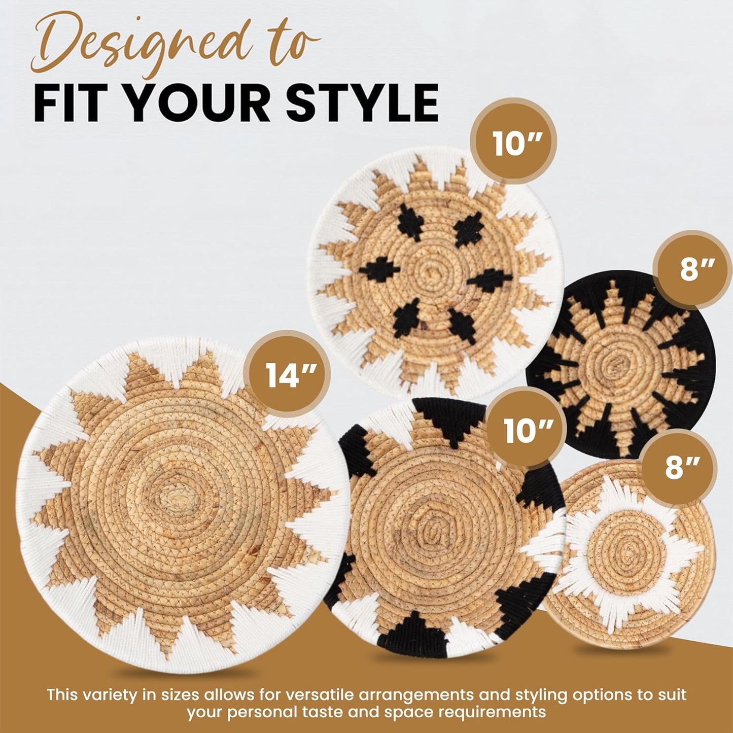 Tebie At Home Boho Wall Art - Boho Wall Baskets Decor - Handmade Set of 5 Woven Baskets With Seagrass - Flat Elegant Art for Farmhouse and Rattan Decor for Living Room, Bedroom and Office