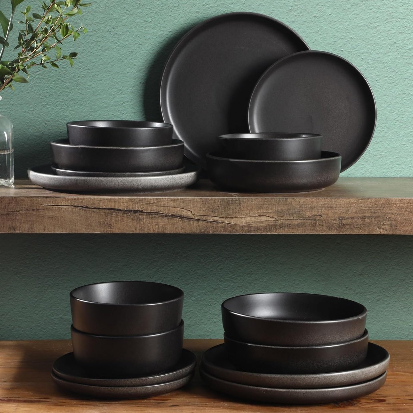 Gibson Elite Pasco 16 Piece (Service for 4) Plates and Bowls Double Bowl Reactive Glaze Dishes Stoneware Ceramic Dinnerware Set - Black