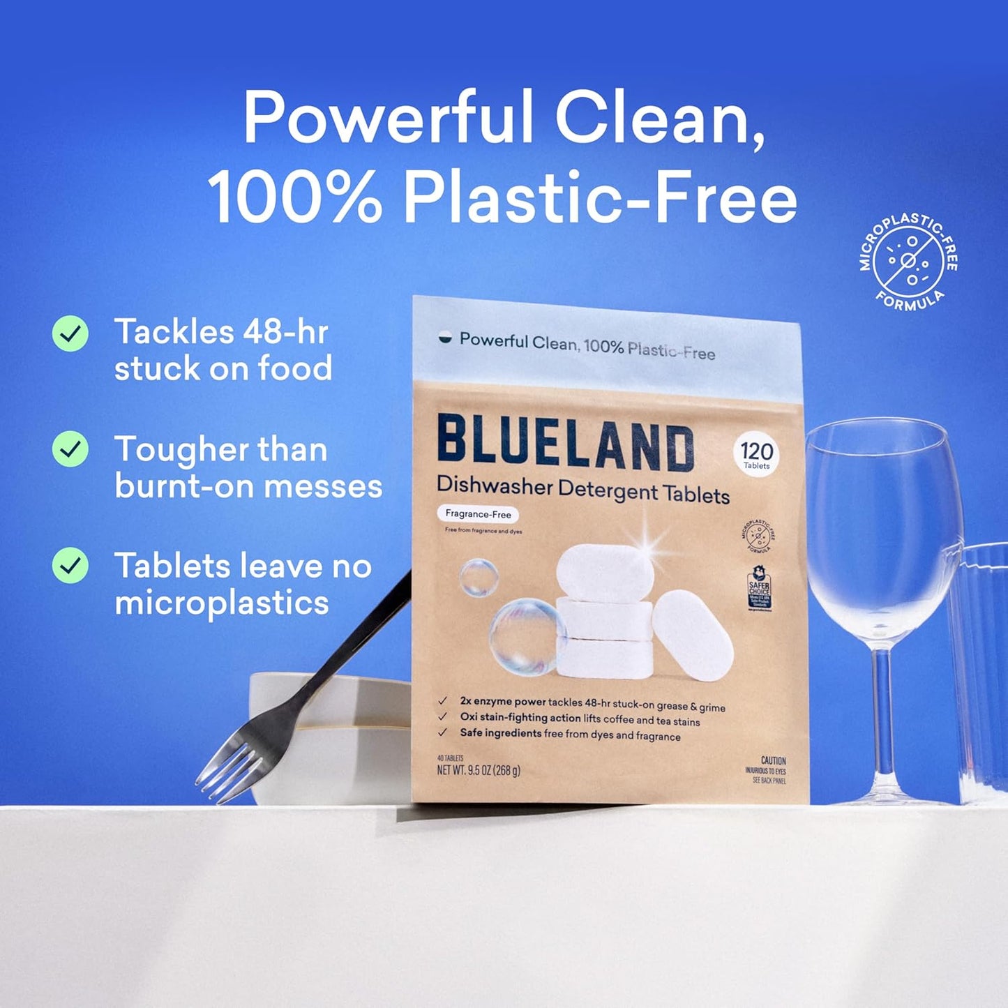 BLUELAND Dishwasher Detergent Tablets, 120 Count, Unscented 100% Plastic-Free Eco Friendly Dishwashing Pods, Natural, Sustainable