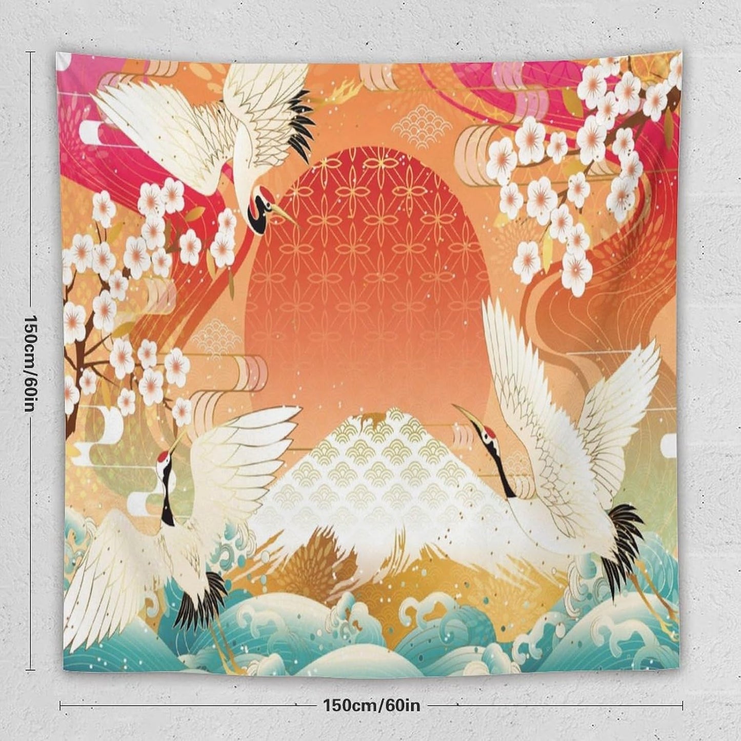 HZOHNAGO Japanese Tapestry Cherry Blossom Crane Sea Wave Fuji Mountain Red Sun Pattern Printed Wall Tapestry Painting Wall Hanging for Bedroom Living Room Dorm 60" W x 60" H