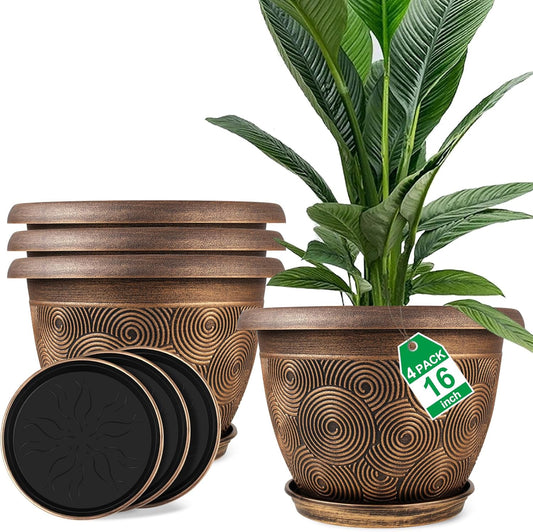 16 Inch Large Planter Pot for Plants Indoor Outdoor, 4 Pack Plastic Flower Pots with Drainage Hole & Tray, Modern Decorative Garden Pot with Saucer, Plant Container for House