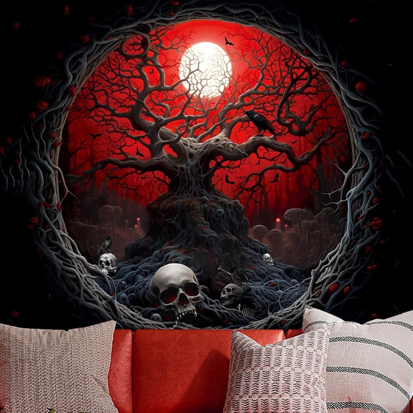 Atrippy Halloween Black Red Anime Tapestry, Gothic Dark Forest Moon Wall Hanging, Nature Skull Withered Tree Landscape Tapestries for Bedroom Living Room Men Dorm 60x 79 Inches