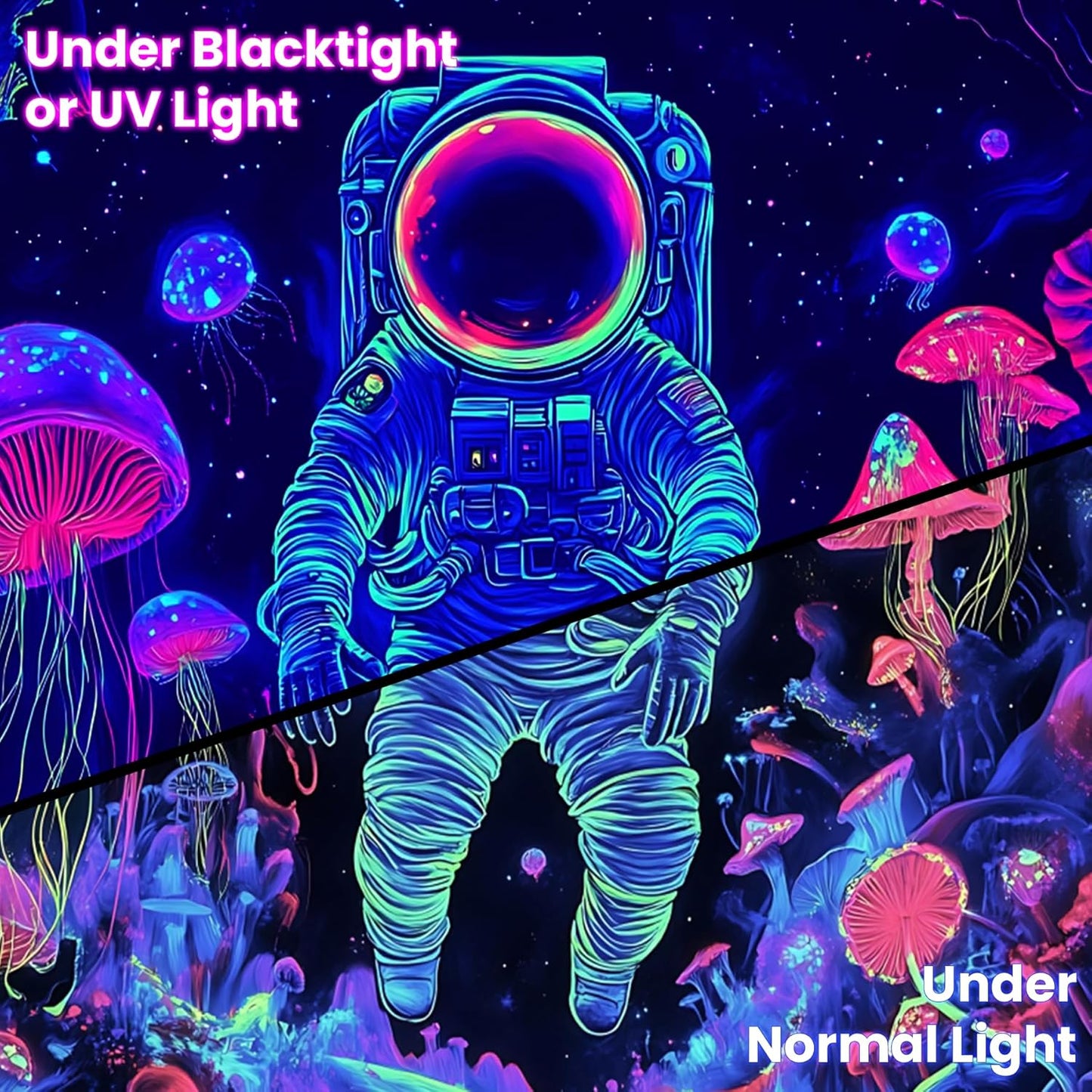 BVBOX Astronaut Space Blacklight Tapestry 79"x59", UV Reactive Astronaut Mushroom Forest Universe Galaxy Planet Glow in Dark Tapestries, Black Light Neon Upright Poster Wall Hanging Backdrop Decor for Bedroom Living Room
