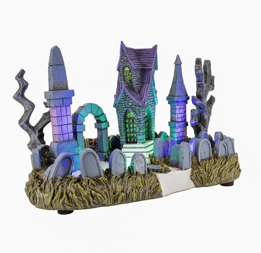 Cemetery Yard Graveyard Grave Theme Spooky Halloween Village Colorful LED Lights 9.25"x 5" x 6.25"