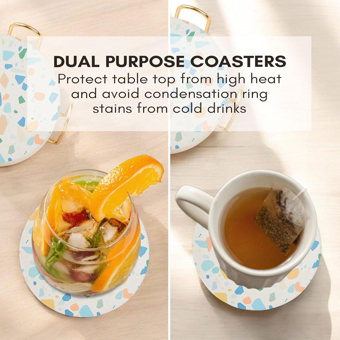 Absorbent Coaster Set of 6 with Holder, Drink Coasters for Coffee Table, Kitchen, Home Decor, Cute Ceramic Round Coasters, Alternative to Silicone, Cork or Glass Coaster (Color Pop)