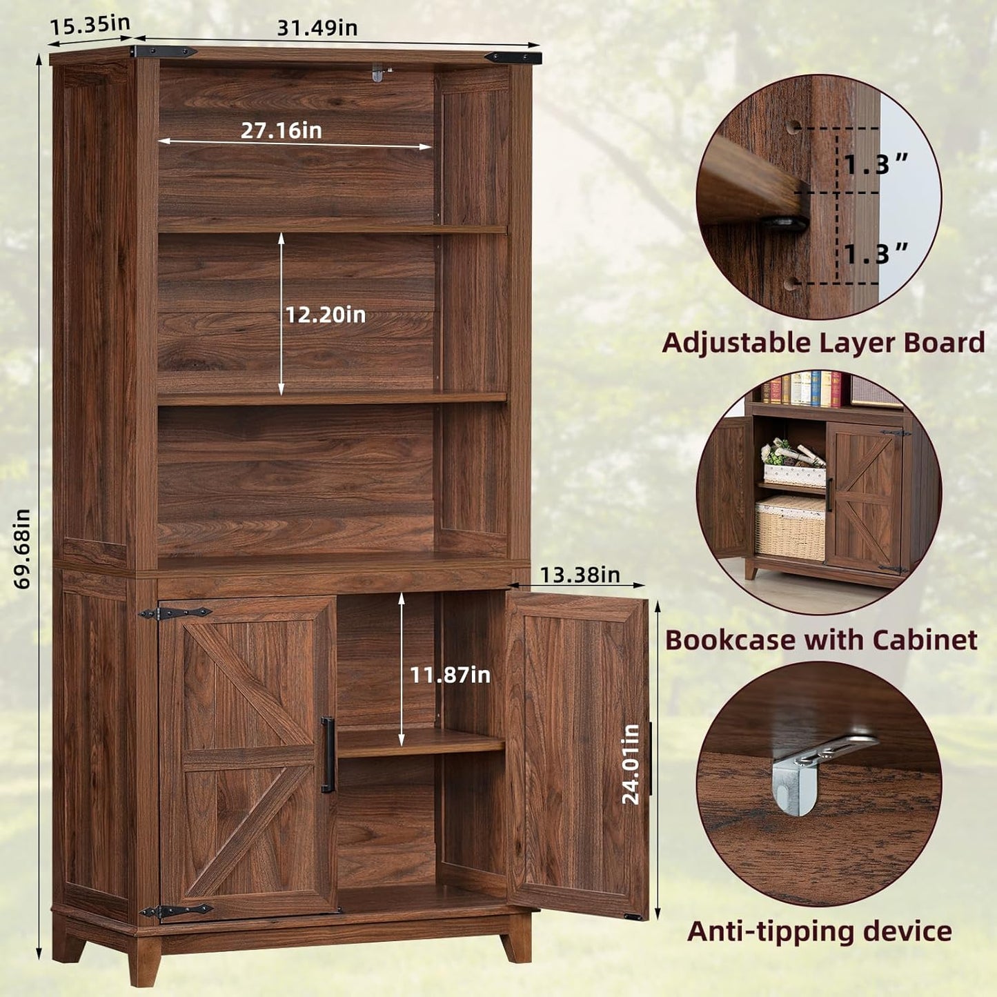 70in Tall Bookshelf 5 Tier Bookcase with Barn Doors and Adjustable Shelves, Brown Farmhouse Book Shelf with Storage Cabinet, Wood Freestanding Display Bookshelves for Bedroom, Living Room