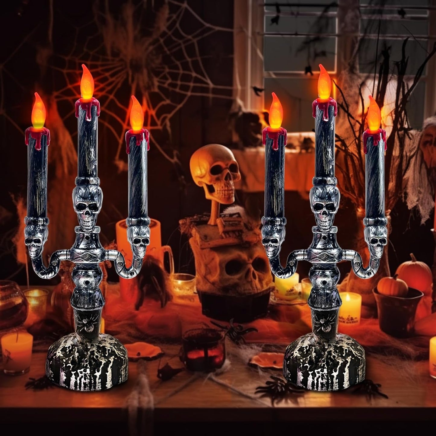TURNMEON 2 PCS Skull Halloween Candles Lamp,Halloween Decorations Indoor 3-Candles Candelabra LED Lights Battery Operated Candles Holder, Halloween Decor for Home Table Party Room Scary Haunted House