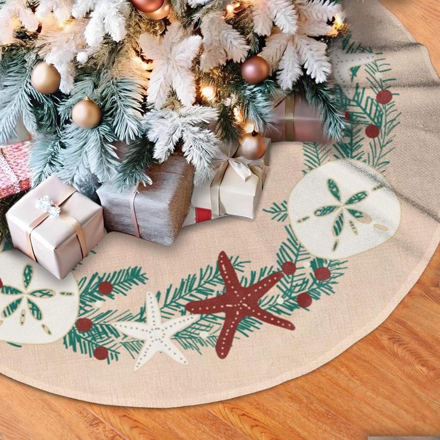 48" Large Christmas Tree Skirt, Coastal Rustic Beach Christmas Holiday Starfish Pattern Tree Mat Base Cover for Xmas Festive Holiday Party Decoration Ornaments