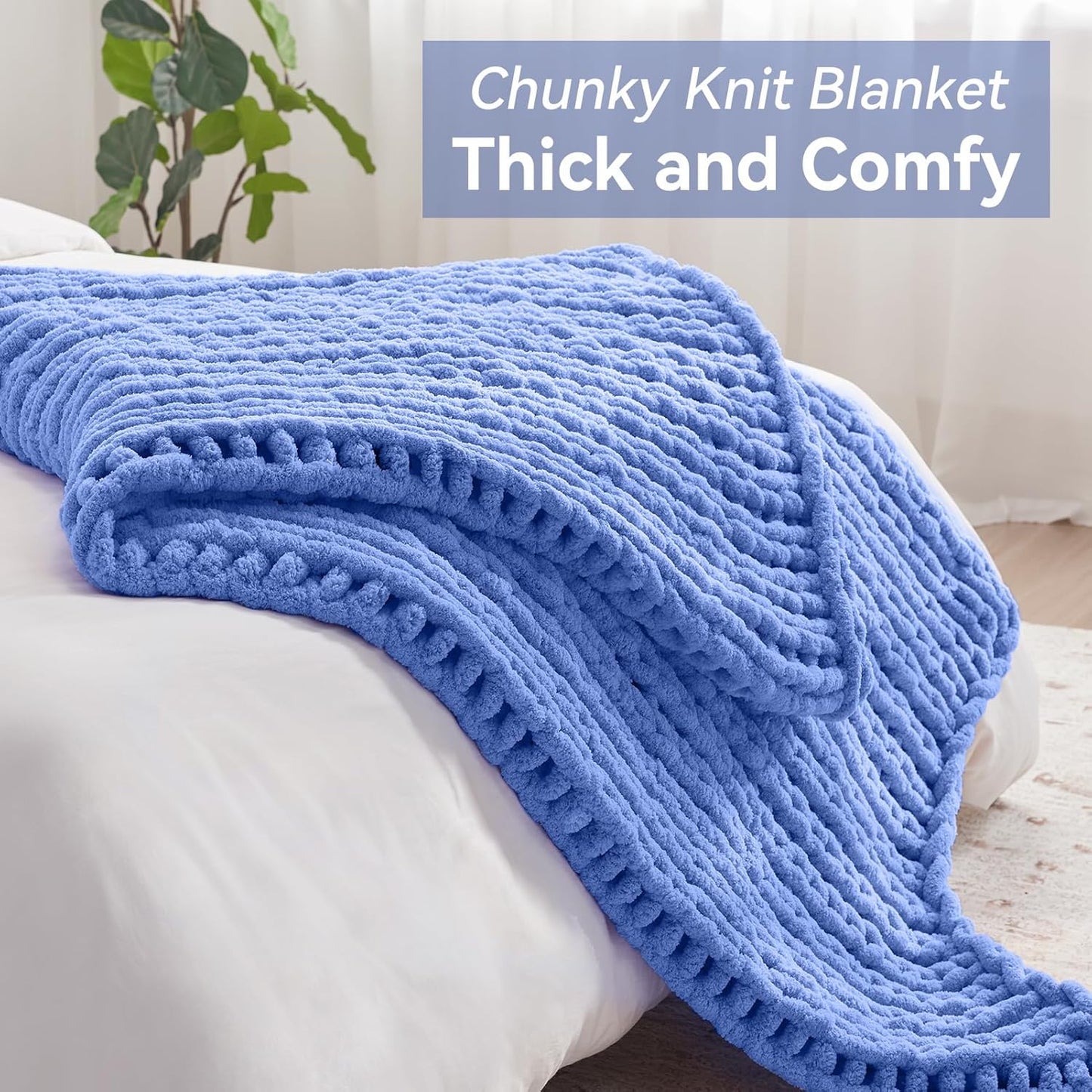 Chunky Knit Throw Blanket, 40''*50'' Knitted Throw Chenille Yarn for Bed Couch, Handmade Light Blue Crochet Big Thick Blanket, Machine Washable Cute Comfy Blanket for Home Decor