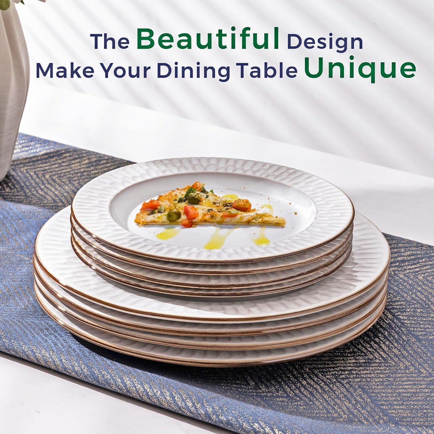 GBHOME Ceramic Dinnerware Sets,12 pcs Embossed Elegant Stoneware Plates and Bowls Sets, Housewarming Wedding Gift | Dishwasher & Microwave Safe | Dishes Set Service for 4